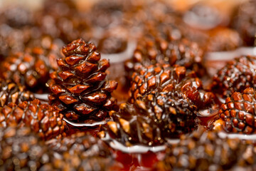 Young pine cones jam. Useful and tasty dessert. Traditional Siberian dessert - young pine cones jam. Glass ramekin of jam made from pine cones on a white background.