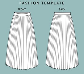 pleated skirt front and back view. fashion flat sketch template