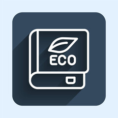 White line Book about ecology icon isolated with long shadow background. Biology book. Blue square button. Vector