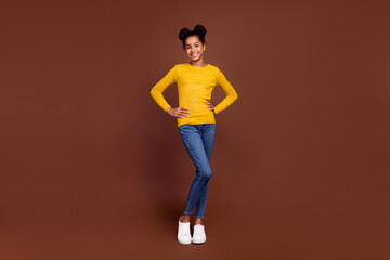 Fototapeta na wymiar Full length photo of sweet small girl cool wear jumper jeans footwear isolated on brown color background