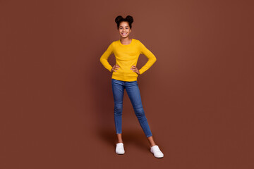 Fototapeta na wymiar Full size photo of cute teenager girl stand wear jumper jeans shoes isolated on brown color background