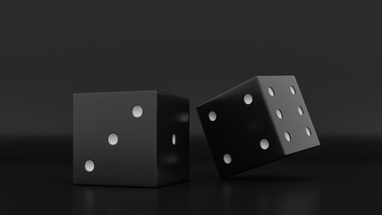 Casino dice and golden coins falling. 3d render illustration. Rolling gold-black dices under black background.	
