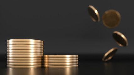 Gold coins are falling on a black background. 3d render illustration. Online shopping, exchange in the currency market. Empty space for text 