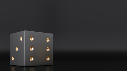 Casino dice and golden coins falling. 3d render illustration. Rolling gold-black dices under black background.	
