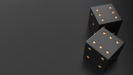 Casino dice and golden coins falling. 3d render illustration. Rolling gold-black dices under black background.	
