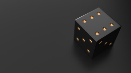 Casino dice and golden coins falling. 3d render illustration. Rolling gold-black dices under black background.	
