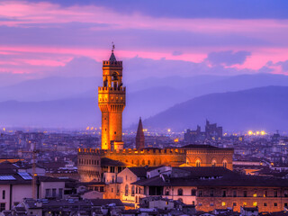Fototapeta na wymiar Arnolfo tower at sunset top view, Florence, Italy