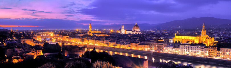 Aerial view of Florence, sunset, Arno river, Santa Maria del Fiore