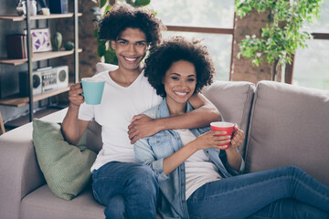 Photo of sincere couple sit couch cuddle drink warm coffee wear casual clothes in comfy apartment indoors