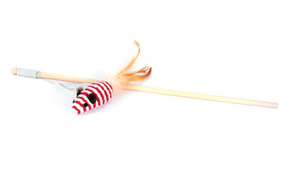 Cat toy string with stick and feather tail  isolated on white background. Cat toy with rat or mouse doll animal shape with wood stick isolated