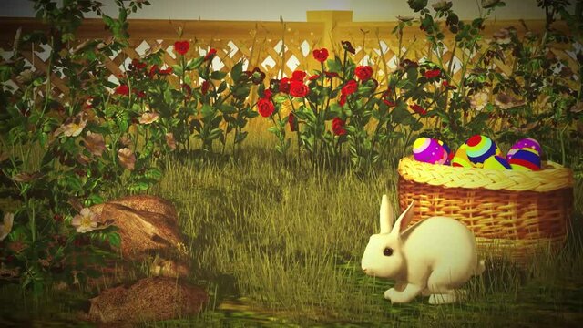 Easter Eggs and white rabbit on green meadow with colorful tulips.Brown Easter bunny eating a dandelion, sitting near Easter eggs, green grass with dandelions, on garden key.