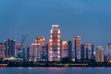 Skyscrapers  panorama from shoreside of Yangtze river Wuhan, night view