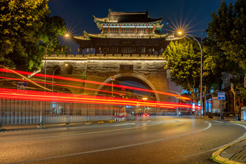 Light tracks through the Qingchuan Pavillon of Wuhan