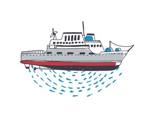 Doodle drawing of luxurious passenger ship, liner, watercraft or vessel floating on ocean waves. Marine vessel in sea journey isolated on white background. Colorful hand drawn vector illustration.