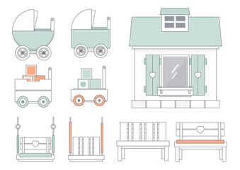 Playground furniture and Toys. Icon Collection. Trendy baby and children elements