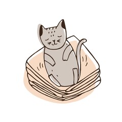 Cute naughty cat lying on pile of clothes and leaving hair on it. Nasty kitty sleeping on clean apparel. Problem of bad behavior of domestic animal or pet. Colorful hand drawn vector illustration.