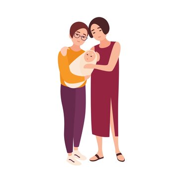 Pair of cute homosexual women standing together, holding newborn baby and smiling. Happy LGBT family with child. Flat cartoon characters isolated on white background. Colorful vector illustration.