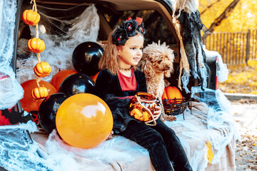 little girl in spooky costume and hat with bucket of sweets and cute poodle dog in ghost costume...