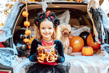 little girl in spooky costume and hat with bucket of sweets and cute poodle dog in ghost costume sits in trunk car decorated for Halloween with web, orange balloons and pumpkins, outdoor creative
