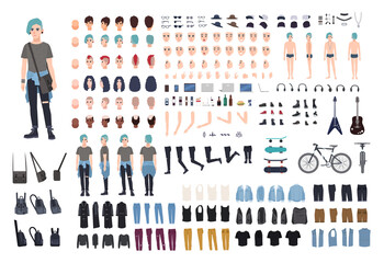 Informal teenager character constructor. Punk creation set. Different postures, hairstyle, face, legs, hands, clothes collection. vector cartoon illustration. front, side, back view.