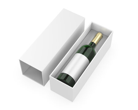 Wine bottle with blank label with paper box packaging for branding and mock up. 3d render illustration.