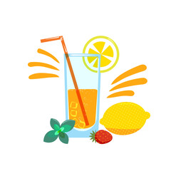 Lemonade in a tall glass with a straw and ingredients, lemon fruit, mint, lemon slice
