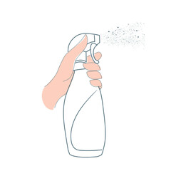 Bottle with spray, spray gun in hand. Spraying of antiseptic, cleaning agent, insecticide. Vector isolated illustration on a white background.
