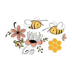 Simple vector image of bees, flowers, the word honey. Sketch with cute characters - bees and flowers in the Doodle style.