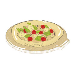 Image of the pizza label in a retro style. Vector illustration of Italian pizza with homemade cheese isolated on a white background.