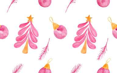 Watercolor cute and fun doodle Christmas ornament as seamless pattern.