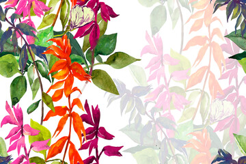 Branches of autumn flowers.Image on white and colored background.Watercolor seamless pattern.