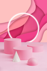 Geometric abstraction. Pink merchandise podium with neon circle behind. 3d render