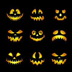 Glowing Pumpkin Faces Emoticons. Scary Halloween Emojis of Angry Ghost, or Alien, Spooky Creatures with evil Eyes, Teeth, and Creepy Smiles Set on Black Backdrop