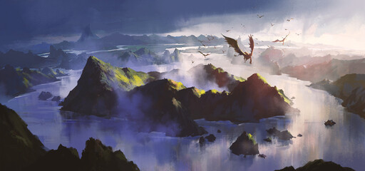 There is a secret realm with a dragon circling, 3D illustration.