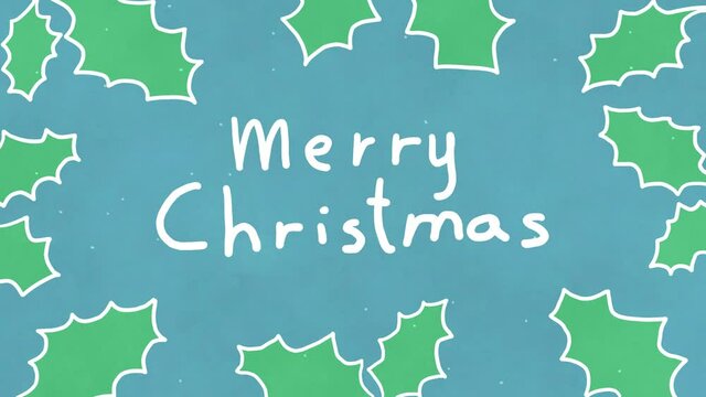Frame-by-frame animation of handwritten white text "Merry Christmas" surrounded by Christmas leaves on a blue background