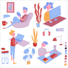 People at home office. People  in the interior. Isolated flat design. White background. Home and technology equipment. Male and female. Education, business, technology.