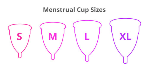 Vector line or outline pink, purple, violet icons of menstrual cup sizes sorted by size – S, M, L, XL. Menstrual cups isolated on a white background. Menstrual hygiene device used during menstruation.