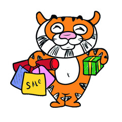 A cute cartoon striped red tiger .Hand-drawn children's vector illustration on a white isolated background for banners.