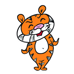 A cute cartoon striped red tiger .Hand-drawn children's vector illustration on a white isolated background for banners.