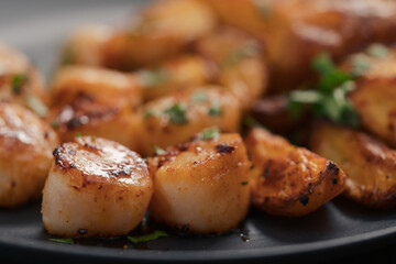 Seared scallops fith roasted potatoes on black plate closeup