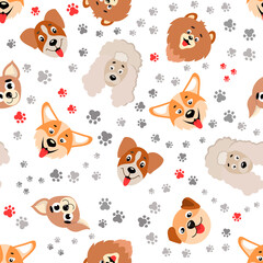 Vector seamless pattern with happy dog faces. Funny dogs and paws in a flat style
