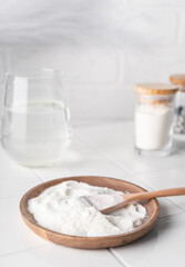 selective focus. food supplement collagen in the form of powder for dissolving in water. natural composition. benefits for the face and body