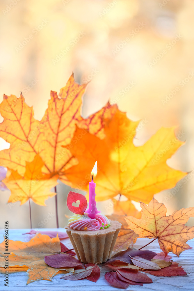 Wall mural sweet cupcake with candle and autumn leaves close up. festive autumn season concept. fall time birth