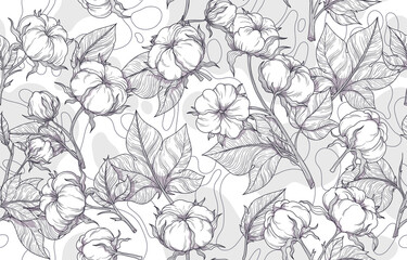 Vector, seamless, black and white pattern of cotton flowers drawing lines. Cotton branches with leaves are suitable for fabric, textiles, clothing, web pages, wallpapers, backgrounds, colorings