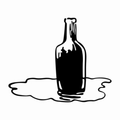 Old style wine bottle in the puddle