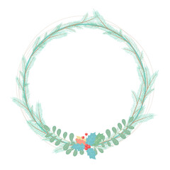 A decorative element of a round shape with a wreath of leaves, twigs and berries. Lightweight, natural design for postcards or invitations for holidays. For Christmas, birthday or wedding