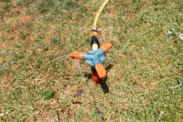 Naklejka premium Modern sprinkler sprays water on the lawn in the park. Gardening and landscape design concept