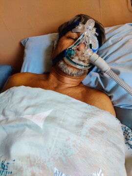 Cpap, Sleeping Person, In Bed, Eyeoperation, After Cataract Resection, Male Person,