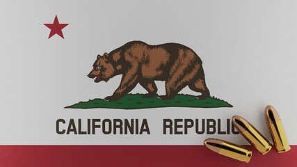 Three 9mm bullets on the bottom right corner on top of the United States state flag of California