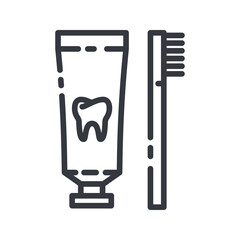 Line icon of a dental care. Tooth paste and thooth brush symbol isolated